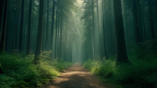 Cinematic drone shot of serene forest pathway with tall trees and soft diffused light