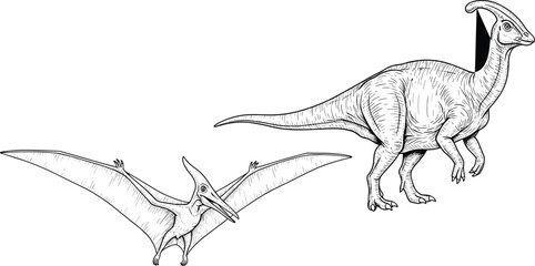 Parasaurolophus and pteranodon dinosaur vintage engraving illustration, prehistoric animals hand drawn sketch, jurassic era reptile scientific line art vector style © Its Marjia's World