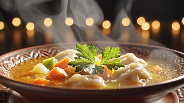 Close-up of a steaming bowl of delicious homemade soup with dumplings and fresh herbs, perfect