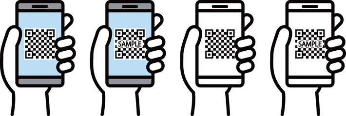 手で持つスマートフォンのQRコード表示イラストセット｜決済・読み取りイメージ Smartphone Showing QR Code in Hand Illustration Set for Payment and Scanning  © ochikosan
