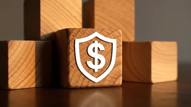 Wooden Blocks with Dollar Shield Icon.