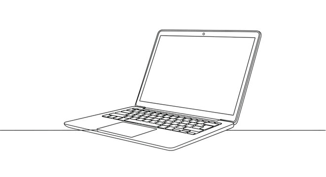 Laptop computer open with a blank screen, line art illustration.
