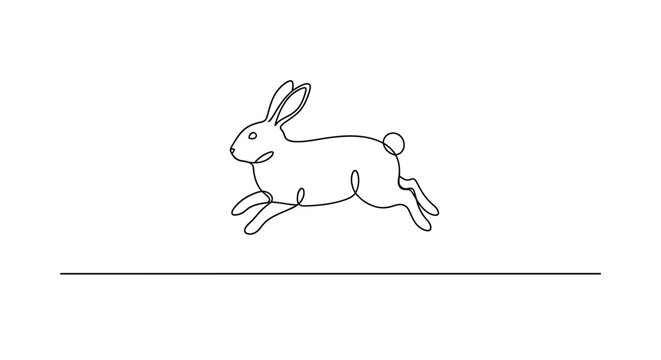 Rabbit jumping energetically, single line illustration on white background