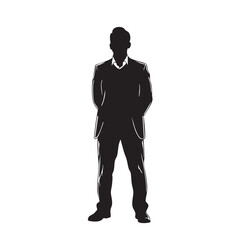 Obraz premium Confident businessman silhouette standing with hands behind back representing leadership authority professional pose and corporate executive presence in minimalist black and white vector graphic