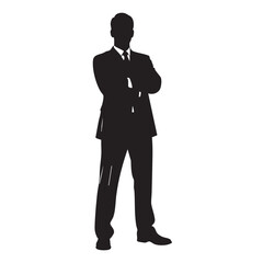 Obraz premium Silhouette of businessman with arms crossed, standing confidently, wearing suit and tie, full body view, white background, professional.