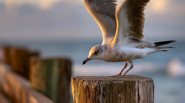 Seagull perched on pier post, A seagull standing on a wooden pier post