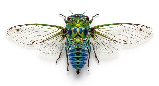 Vibrant green and blue cicada with transparent wings spread wide