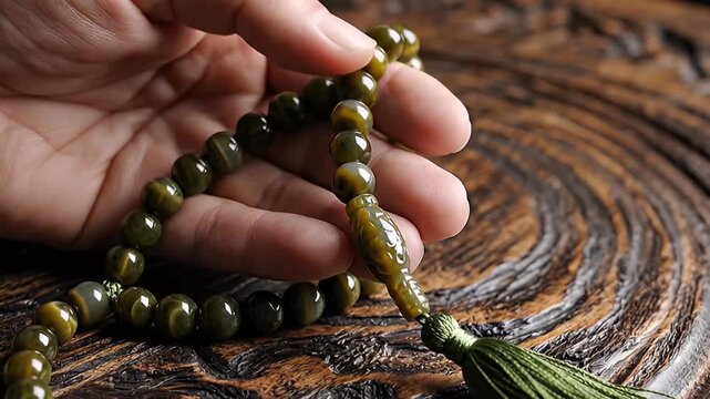 Close-up of a person holding a green beaded prayer rosary, perfect for meditation and spiritual