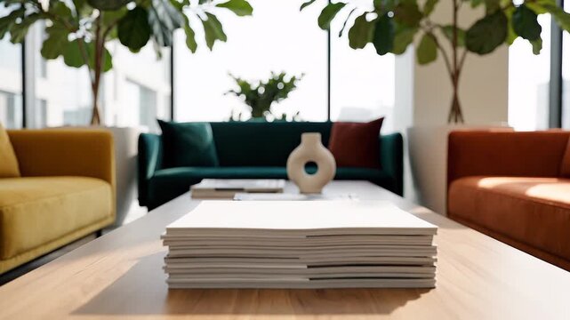 Modern living room interior with comfortable seating and a stack of books on the coffee table, creating a cozy and inviting atmosphere