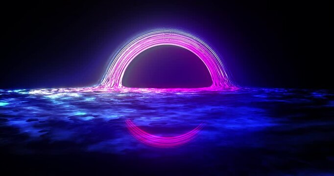 Futuristic neon black hole with purple and blue glowing accretion disk in deep space.
