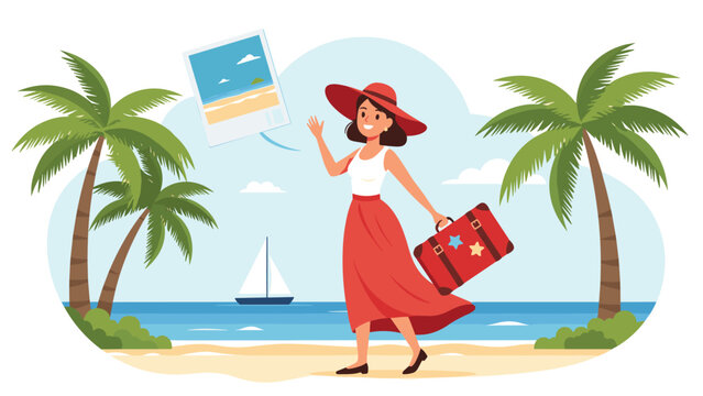 Happy female traveler in a red skirt and hat walking on a tropical beach with a red suitcase and a photographic memory of the sea.