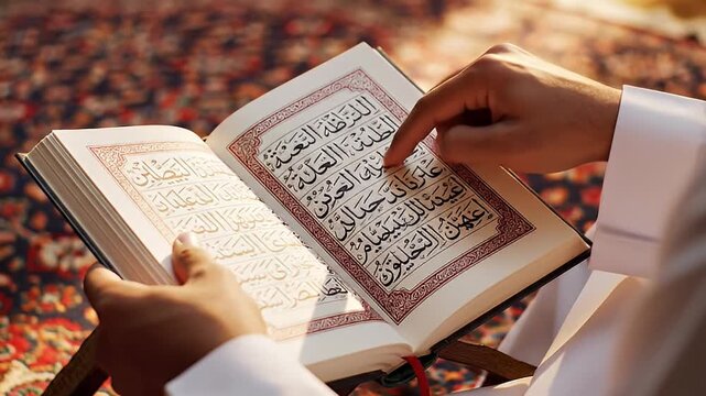 Close-up of a person's hands reading the Quran, an open religious book with intricate calligraphy