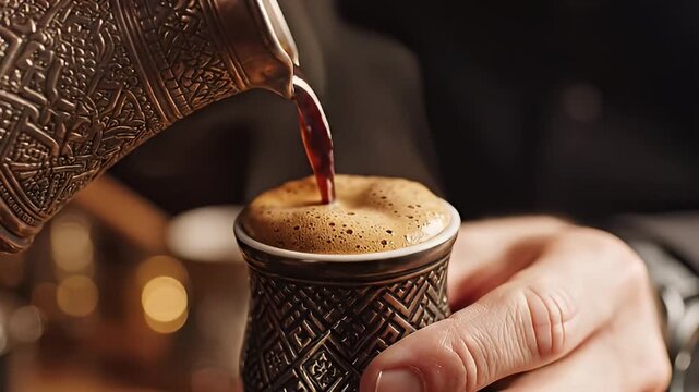 Close-up of Turkish coffee being poured into a small ornate cup