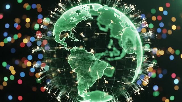 Digital Green Earth Globe Network - This video shows a digital green globe with global network connections depicted by glowing lines, set against a dark background with colorful bokeh lights.