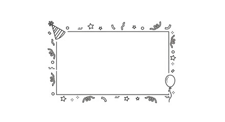 Festive black and white border frame with party hats balloons and confetti for celebrations and events