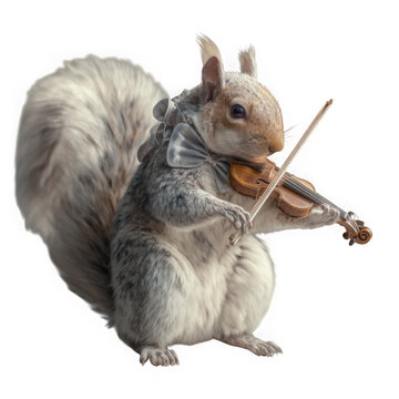 Cute squirrel playing violin with a bow, dressed in a bow tie, isolated isolated on transparent background