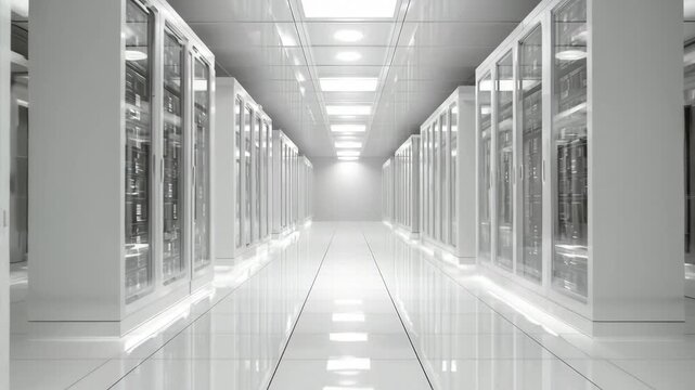 Server room interior. Bright, modern, Bright, modern server room with rows of servers and organized cabling