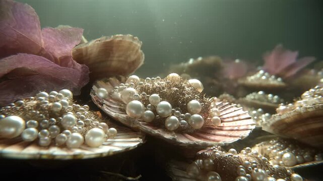The pearls in the mussel shells on the sea floor glow softly, Softly glowing pearls nestled in open mussel shells on the sea floor
