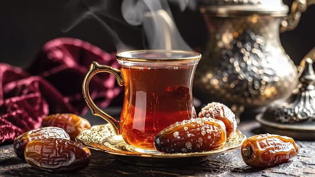 Close-up of Dates and Tea: A Delightful Combination for Comfort and Flavor