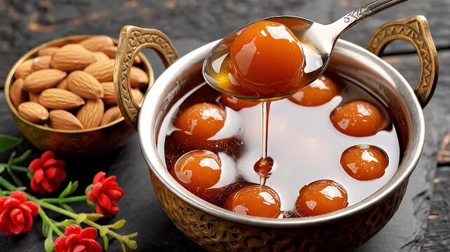 Close-up of Gulab Jamun in syrup with almonds and flowers, a traditional Indian dessert