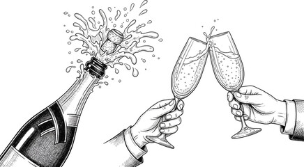 Champagne celebration vintage engraving illustration, hands clinking glasses with popping bottle splash festive party toast sparkling wine hand drawn vector © Its Marjia's World