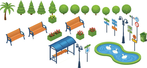 City park elements isometric vector set with trees benches pond swans street lamps signs bus stop urban landscape design collection © Its Marjia's World