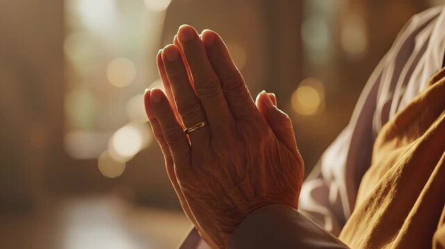 Close-up of Hands in Prayer with Sunlight and Bokeh in Background