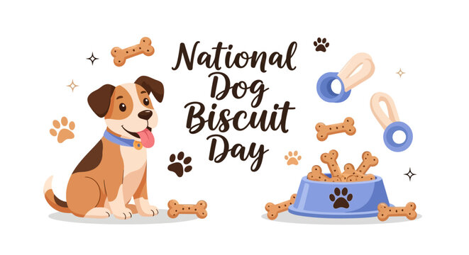 Illustration of a dog sitting next to a bowl of biscuits on National Dog Biscuit Day with a playful composition.