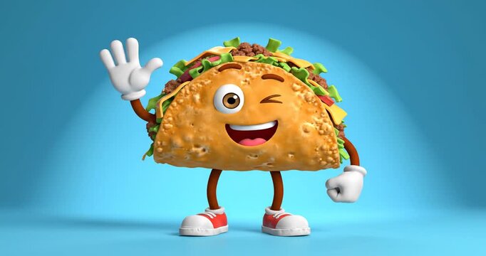 Cheerful animated taco character waving with a playful expression against a bright blue backdrop