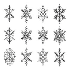 Simple line art snowflake icons set. Elegant winter and Christmas decoration elements in black outline style. Thin stroke vector collection isolated on white background.