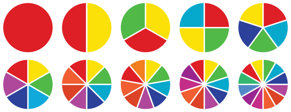 Circle pie chart diagram. 2,3,4,5,6,7,8,9,10,12, sections or steps. Colorful Pie chart set. Pie chart circle. Flat process cycle. Progress sector. Vector illustration.