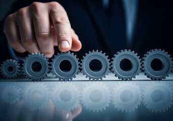 Hand adjusting metal gear on table representing change management transformation, strategy alignment, process optimization and leadership intervention.  Photo | copy space 