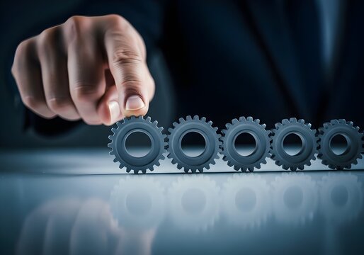Hand adjusting metal gear on table representing change management transformation, strategy alignment, process optimization and leadership intervention.  Photo | copy space 