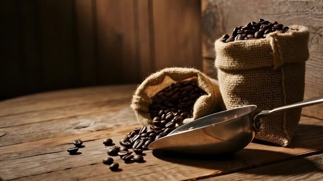 gourmet roasted coffee beans rustic wood background