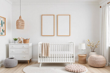 Modern Boho Nursery Interior with White Crib and Two Blank Wall Mockups