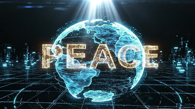 Digital Hologram Planet Earth with Golden Text for World Peace and Understanding Day, futuristic typography, global harmony message, and shiny particle loop background.
