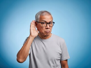 Senior man with glasses cupping hand to ear to hear better on blue background