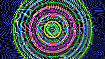Psychedelic multi colored wavy lines forming vibrant concentric circular patterns across black background creating intense optical illusion and high contrast artistic design