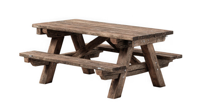 Rustic wooden picnic table with benches, outdoor furniture for gatherings and recreation isolated on transparent background