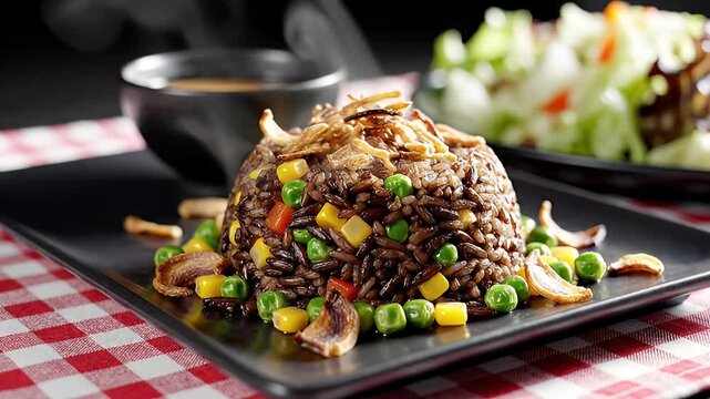 Delicious and Healthy Rice Dish with Vegetables on a Black Plate, Steam Rising