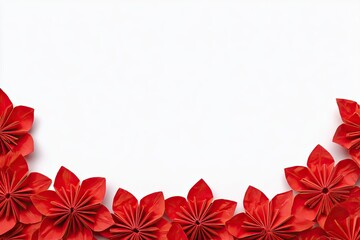 Red origami flowers border a white background
