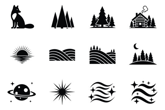 Solid icon set featuring a fox, trees, a log cabin, a sunrise, hills, a moonlit forest, a planet, and stars for various design projects