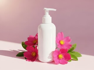 White cosmetic bottle with pink flowers on pastel background for beauty product advertising