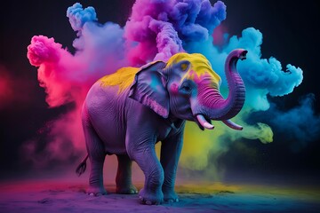 Fototapeta premium Vibrant elephant digital art with colorful smoke background fantasy animal illustration