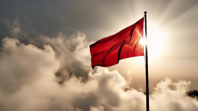 Dramatic Red Flag Waving Against the Sun and Cloudy Sky