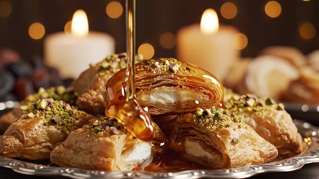 Delicious filo pastry dessert with creamy filling drizzled with sweet syrup, beautifully presented