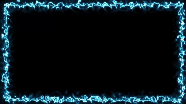 4K Abstract Cyan Electric Frame Motion Background, Glowing Neon Blue Lightning Border on Black, Rectangular Energy Pulse Animation for Gaming Intro, Streaming and Tech Video Overlay Backdrop.