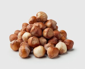 Obraz premium A pile of natural, unshelled hazelnuts forms a mound on a neutral background