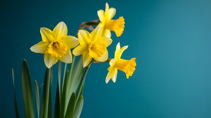 Vibrant yellow daffodil flowers in bloom on gradient blue background spring floral arrangement closeup © Arif044