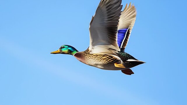 A duck is flying in the sky with its wings spread out. The sky is blue and clear. a mallard duck in mid-flight, its wings stretching upward with feathers spread wide. Sunlight shimmers 